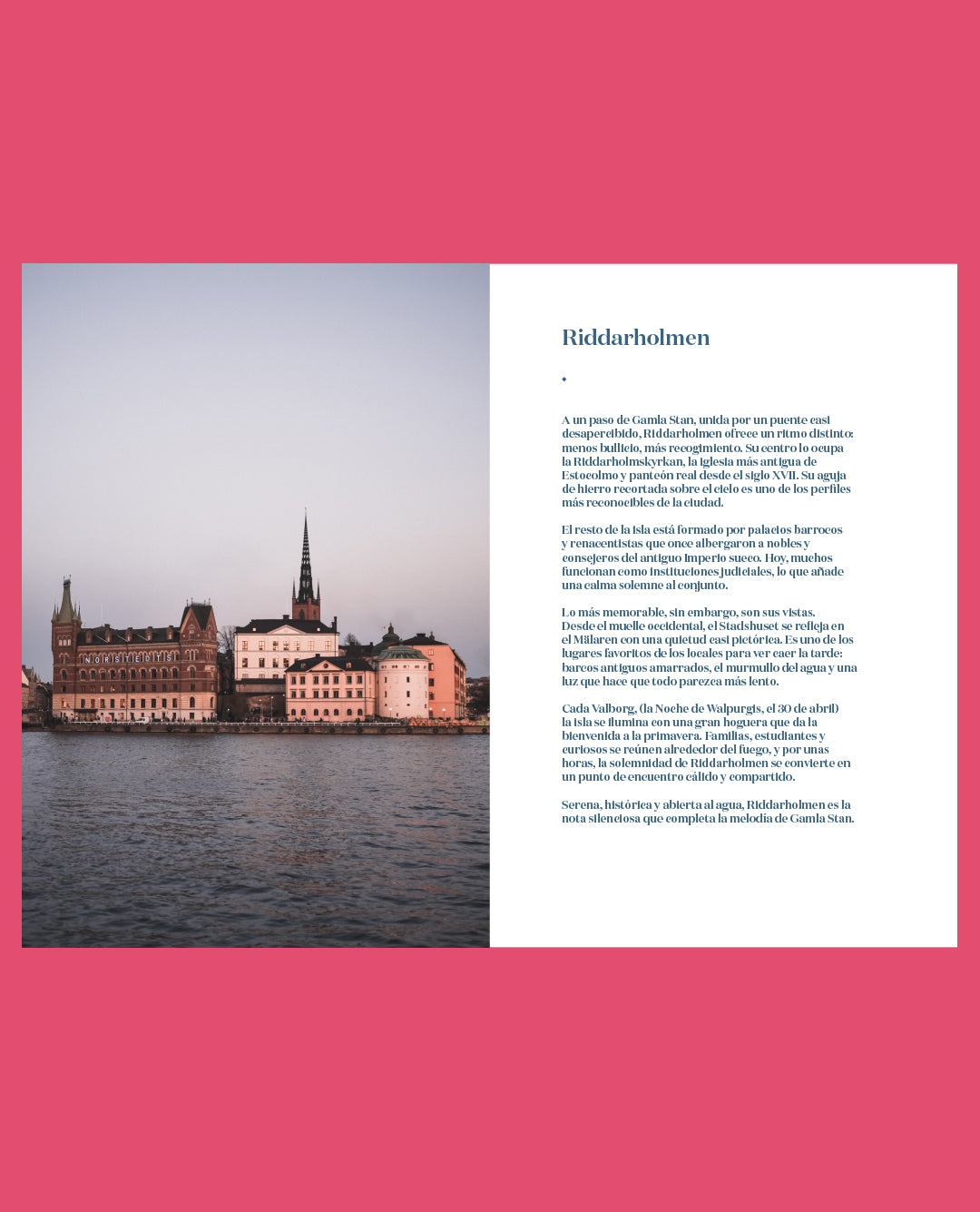 Guía de viaje de Estocolmo, Fotografía de doble página con diseño editorial limpio y fotografías de Estocolmo.