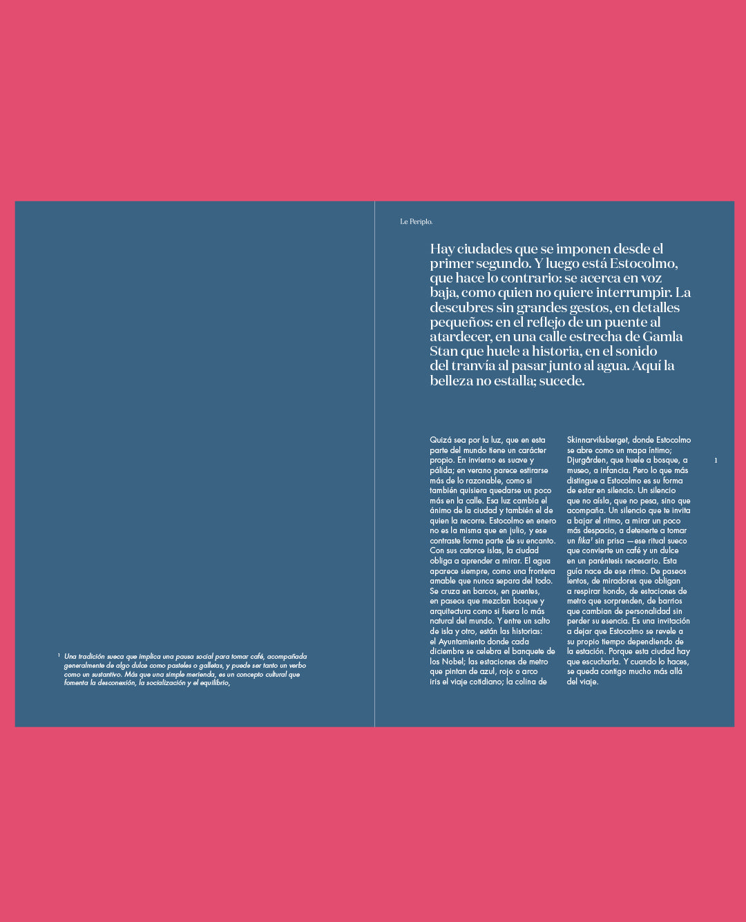 Guía de viaje de Estocolmo, detalle de una sección de la guía con inspiración visual y texto sobre barrios y lugares emblemáticos de Estocolmo.