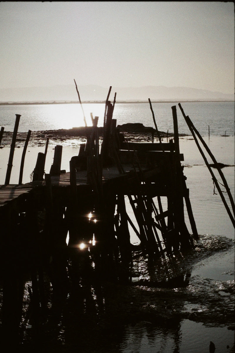 Carruajes en Cais Palafítico da Carrasqueira: Pasarela de madera sobre el agua en Carrasqueira, con barcas tradicionales amarradas.