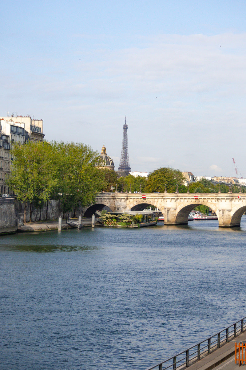 Puente Pont au Change en París, vistas del Sena, Île de la Cité y la Torre Eiffel a lo lejos.